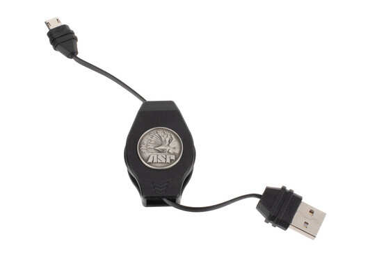 ASP Retractable Charging Cord features a silver ASP eagle logo design and is USB to micro USB cord compatible